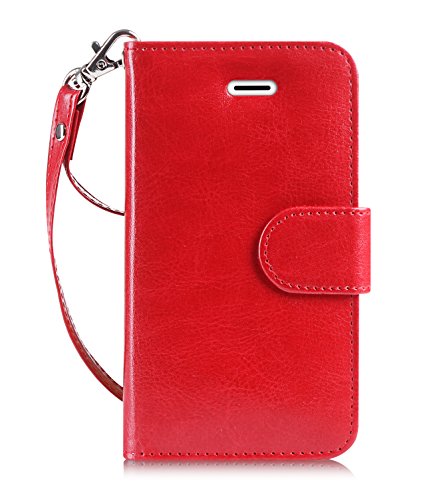 FYY Designed for iPhone SE Case 2016 (1st Generation) / iPhone 5 Case/iPhone 5s Case, Luxury PU Leather Wallet Phone with Card Holder Protective Shockproof Kickstand Case Cover Red