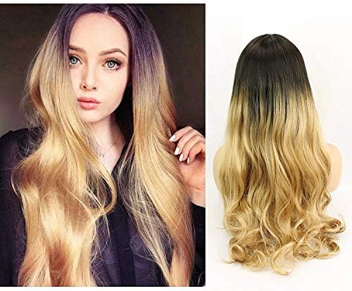 Deewin Long Wave Wig Synthetic Hair Black Root Brown Ombre Lace Front Wigs Heat Resistant Fibe Free Part Fashion Style 130% Density for Women 24 inch
