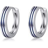 Immobird Hoop Earrings Men 925 Sterling Silver Ear Pins Minimalistic Black Stripe Men Hoop Earrings for Father Boyfriend or Brother