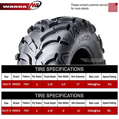 Wanda P341 ATV/UTV Tires 25x812 Front & 25x1012 Rear Solid Mud, Set