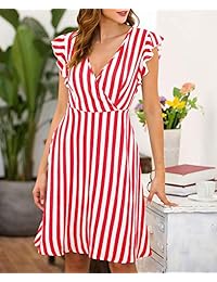 TOPUSH Vestido sin mangas con cuello en V y rayas sin mangas con cuello en V y rayas cruzadas Vestido cruzado casual