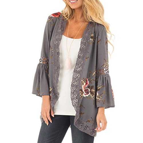 Tootu Women Chiffon Loose Shawl Print Kimono Cardigan Top Cover Up Blouse Beachwear (L, D)