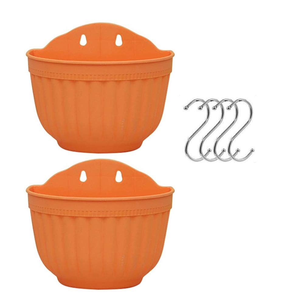 Set of 2 Pcs Hanging Planters outdoor Wall Hanging Planter Plastic Flower Pot for Balcony Fence Wall Mounted Planters with Drainage and 4 Hooks (orange+orange)