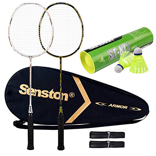 Senston Full Carbon-Fiber Badminton Racket Set — 2 Rackets + Bag + Grips, Lightweight & Stable For Game Play