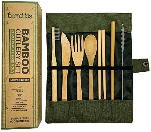 Bamboo Cutlery Set | Reusable Utensils | 8 Pieces Set Includes Fork, Spoon, Knife, Chopsticks, Straw, Straw Cleaning Brush, Toothbrush and Carrying Case | Antibacterial | Ideal for Travelling