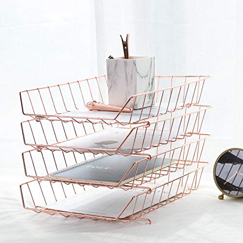 Simmer Stone Stackable Letter Tray, 4-Tier Desk File Organizer for Mails, Magazines, Documents and Accessories, Wire Paper Tray for Home, School and Office, Rose Gold