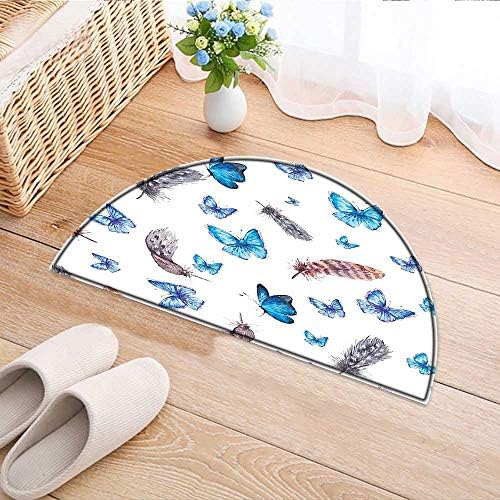 Entrance Hall Carpet Feathers and Butterflies Watercolor Style Image Print Vintage Style Decor Blue White Grey Non Slip Rug W35 x H24 INCH