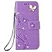 Auroralove iPhone 5/5s/se Luxury Handmade Bling Rhinestone Soft Slim Flip Stand Wallet Case for iPhone 5/5s/se Flower Butterfly PU Leather Case for Girls Women-Purple