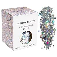 Silver Holographic Chunky Glitter ✮ Large 30g Jar KARIZMA BEAUTY ✮ Festival Glitter Cosmetic Face Body Hair Nails