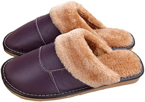 SAMSAY Unisex Genuine Leather House Slippers Warm Soft Plush Fleece Lined Sandals Shoes