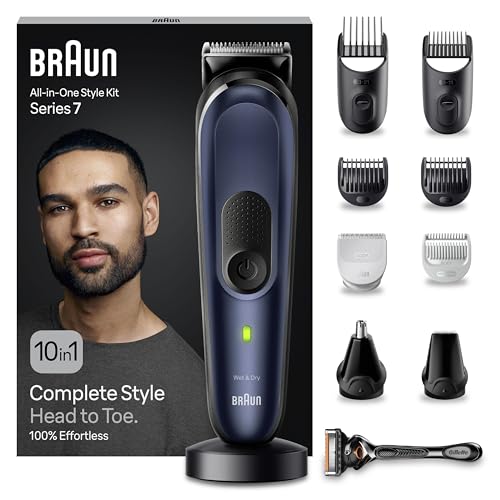 Braun REGOLABARBA STYLING KIT, Tagliacapelli Uomo, Rasoio Elettrico Barba e Capelli, 10-in-1 per Barba, Capelli, Corpo, Naso e Orecchie, 100 Minuti Di Utilizzo, Idea Regalo, MGK7410 Blue