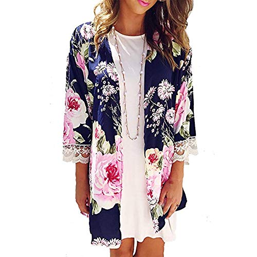 Farmerl Fashion Womens Print Kimono Casual Shawl Cardigan Top Cover Up Blouse Navy - Thumbnail 6