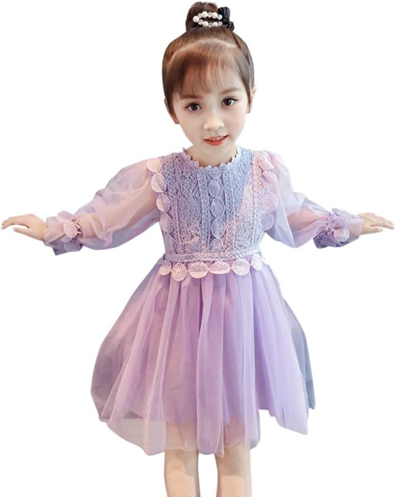 Dress for Girl Sunday77 O-Neck Solid Tulle Lace Patchwork A-Line Long Sleeve Patchwork Swing Dress Party Princess Kids Children Baby