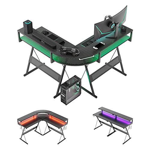 Bestier Computer Desk 51”L Shaped Gaming Desk with LED Lights 2 Headset
