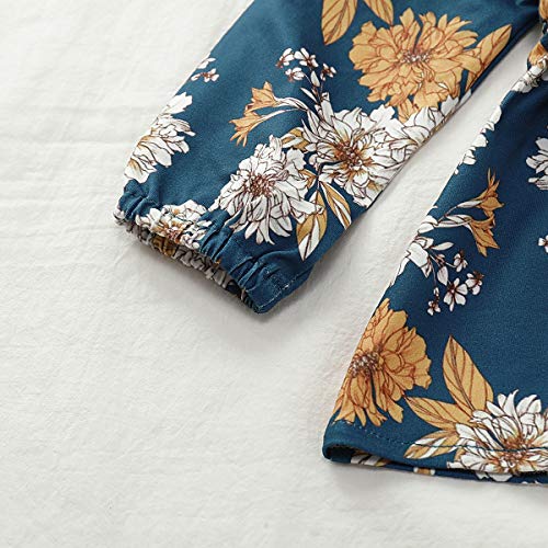 Kids Little Toddler Baby Girls Fall Outfit Ruffled Long Sleeve Floral Dress Shirt Tops + Lace Pants Winter Clothes Set Blue