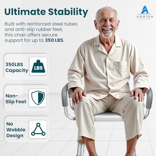 Shower Chair for Elderly and Disabled with Removable Armrests - Height Adjustable, Sturdy Non-Slip Bathroom Stool Supports up to 350 lbs for Shower and Tub