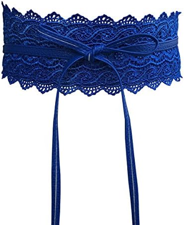 Women's Lace Belt Bow Tie Wrap Around Obi Waist Band Cincher Boho Soft PU Faux Leather For Dresses Blue