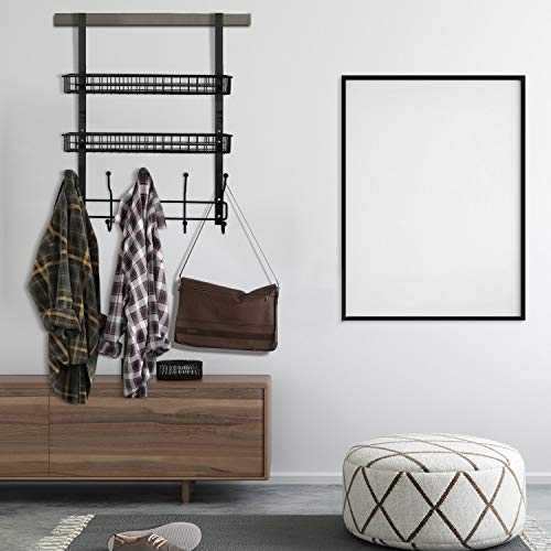 Coat Rack, MILIJIA Over The Door Hanger with Mesh Basket, Detachable Storage Shelf for Towels, Hats, Handbags, Coats (Black-2 Layer) - Thumbnail 5