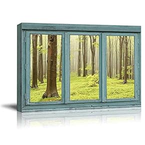Vintage Teal Window Looking Out Into a Green Foggy Forest