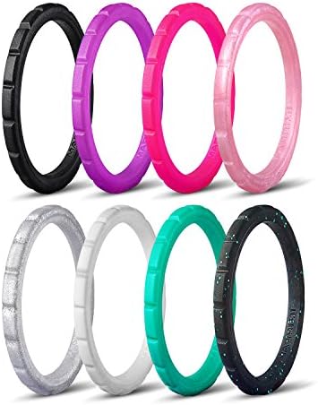 Marrimi Silicone Wedding Rings,Premium Silicone Wedding Bands for Women,Flexible&amp;Comfortable-8 Rings Pack,Black,Black with Turquoise Glitters,Rose Red,Silver,Turquoise,Metallic Pink,White,Purple