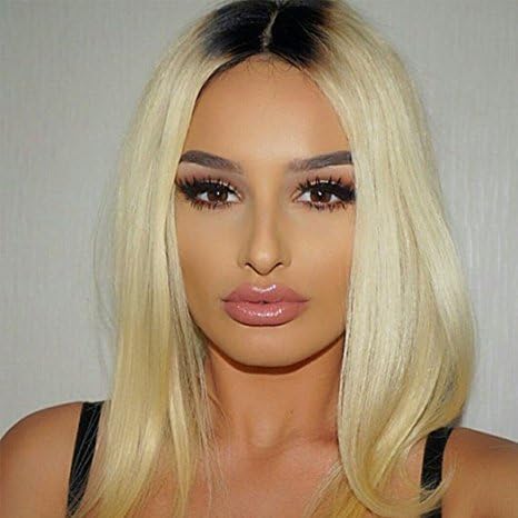 KRN Hair 1B/613 Blonde Ombre Bob Human Hair Wigs For Women Straight Lace Front Short Wig With Baby Hair Dark Roots 130% Density Glueless Lace Wigs (8 Inch, Lace Front Wig)
