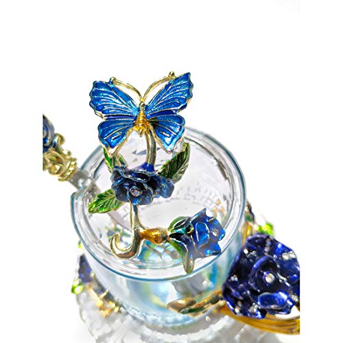 Birthday Christmas Gifts Mom Sister Girlfriend Coworker Flower Butterfly Teacup Coffee Mug Saucer Lid(Blue Tall)