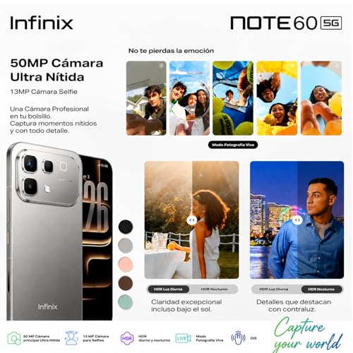 Infinix Celular Note 60 RAM 16GB: 8GB+8GB Extendible ROM 256GB, 6.78'' AMOLED 1.5K 144Hz, 6150mAh Inalámbrica 30W Carga Rápida 45W Smartphone 5G AI Dual SIM Cámara 50MP+13MP Live Photo Midnight Black