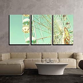 3 Piece Canvas Wall Art - Vintage Ferris Wheel Over Turquoise Sky - Modern Home Art Stretched and Framed Ready to Hang - 16"x24"x3 Panels