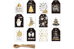 Christmas Gift Hang Tags with Rope,Premium Black and Gold Christmas-Themed Hang Tag Set with 12 Creative Designs for DIY Holi