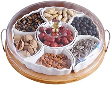 nwn Pure White Ceramic Fruit Platter ，Dried Fruit Compartment with Lid，Coffee Table Creative Snack Plate Nut Box Bamboo Wooden Tray