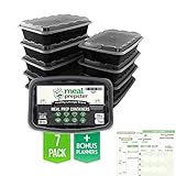 BPA Free Meal Prep Containers - 1 Single Compartment Food Storage Lunch Box (with Leak Resistant Clear Lids) - Reusable Microwave Freezer Safe (Black 28 oz) + Meal Plan Planners! (7 pack)