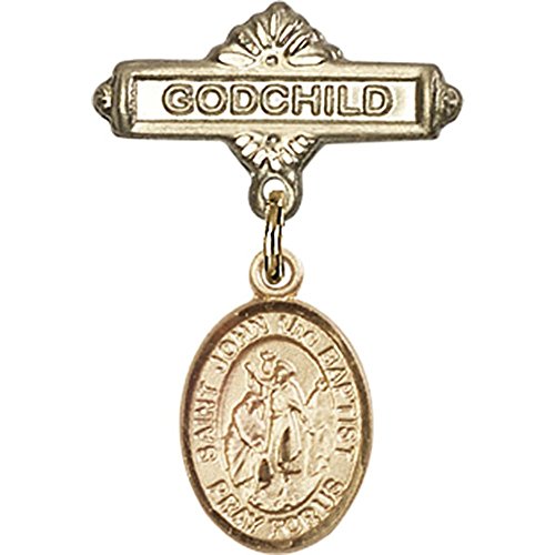 Gold Filled Baby Badge with St. John the Baptist Charm and Godchild Badge Pin 1 X 5/8 inches