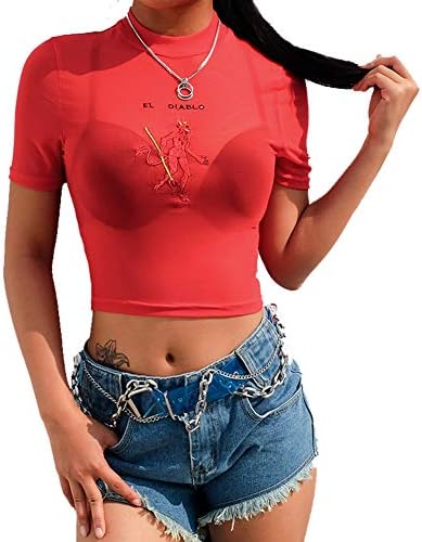 Women's Sheer See Through Crop Top Long Sleeve Angel Print High Neck Sexy Mesh Shirt Blouse