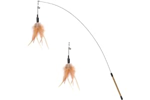 Pawaboo Feather Teaser Cat Toy - Interactive Wand with Extra Long 34.5" Wand and Small Bell, Fun Exerciser Playing Toy for Kittens or Cats, Brown Feather