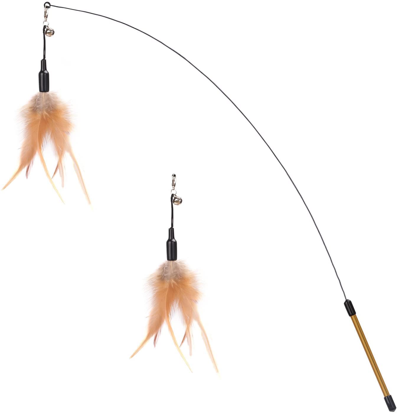 Pawaboo Cat Game Duster Fishing Rod with Extra Large 88cm Wand and Small Bell, Cat Kitten Feather Duster Toy, Chaser Wire Toy Stick, Brown Feather