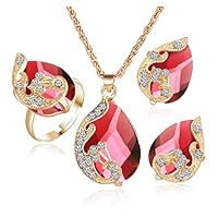 LI&HI Gold Plated Jewelry Sets for Women Crystal Water Drop Necklace Earrings Ring Jewellery Set Bridal Wedding Accessories by TheBigThumb, Red