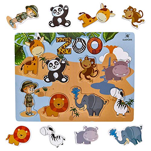 Gleeporte Wooden Chunky Puzzle Zoo Animal Pieces Learning Educational Puzzle Board with Free Standing Pieces for Toddlers & Kids (8 pcs)