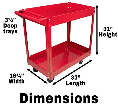 Metal Utility Cart - 33" x 16" x 31" Rolling Tool Cart with Wheels for Shop or Storage or Garage - 2 Shelf Red BW1452