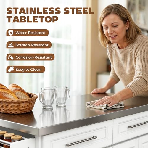 HOMCOM Kitchen Island with 47" Stainless Steel Top, Rolling Kitchen Cart on Wheels with 2 Drawers, 2 Cabinets, Towel & Knife & Spice Rack, White