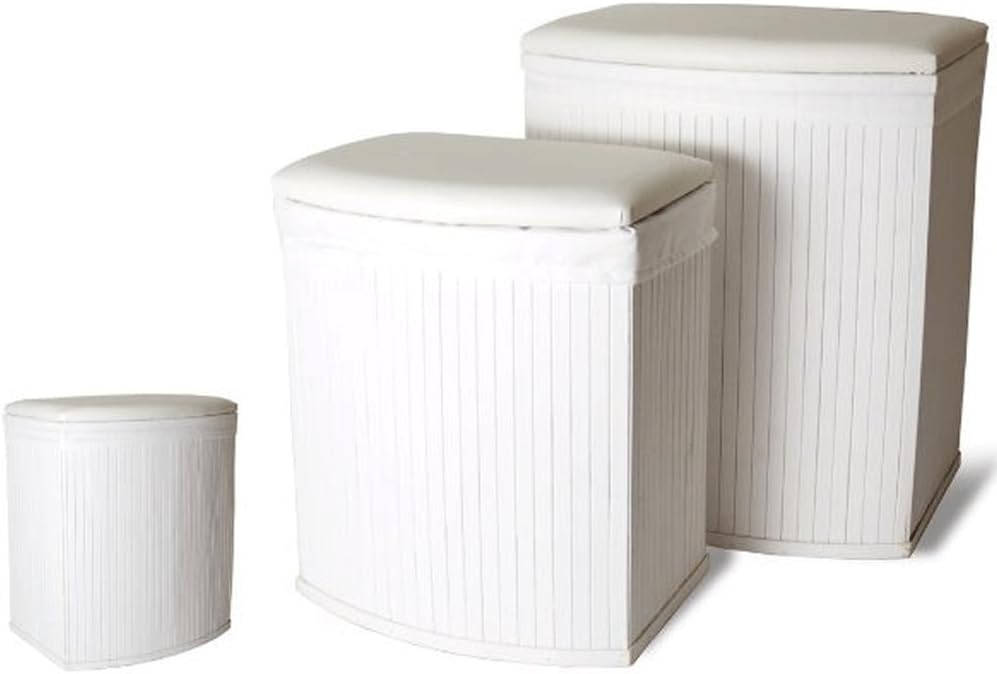 Bakaji Set 2 Containers Laundry Style Bamboo with Lid Faux Leather Pouffe With Lined Inner Toybox Storage Space Saving Shabby Chic White