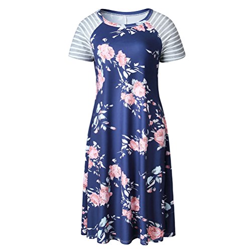 Women Striped Short Sleeve Round Neck Floral Printed A-line Midi Dress Navy