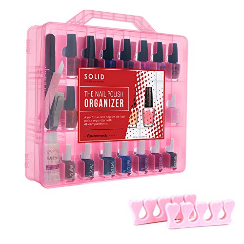 Nail Polish Organizer by SOLID Beauty Concepts - Declutter, Get Organized & See Your Full Collection - Portable Case w/ Handle & Double Locking Lid. 48 Slot Nail Polish Storage & 2 Tool Compartments