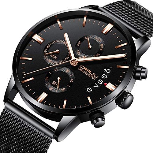 CRRJU Luxury Mens Watches Fashion Waterproof Black Mesh Stainless Steel Strap Analogue Quartz Chronograph Wrist Watch Classic Casual Date Clock