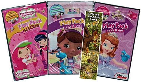 Bundle of 4 Girls Coloring and Activity Items - Doc McStuffins, Sofia The First, and Strawberry Shortcake Grab and Go Play Pack XLs, Twinkle, Sparkle, Shine Colorable Bookmark