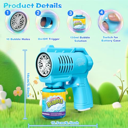 BUBOJOY Bubble Gun for Kids, Automatic Bubble Machine 10000+ Bubbles/Min with Solution, Silent Bubble Blower with Lights for Outdoor Parties Wedding- Blue