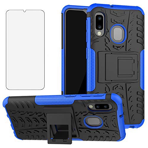 Phone Case for Samsung Galaxy A20e/SM-A202F/DS with Tempered Glass Screen Protector Cover and Stand Kickstand Hard Rugged Hybrid Accessories Heavy Duty Rubber s20e 20e A20 e e20 e20e e20a Cases Blue