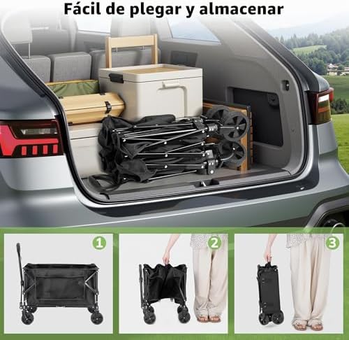 Plegable 220L / 150 kg, Ruedas Todoterreno para Playa y Césped, Asa Ajustable, Fácil de Plegar, Cabe en Maletero, Carro para Camping, Compras y Jardín, Negro