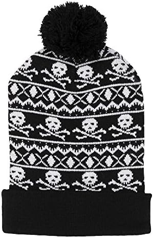 Ugly Pom Knit Beanie Winter Hat - Ugly Sweater Style Skull Crossbones