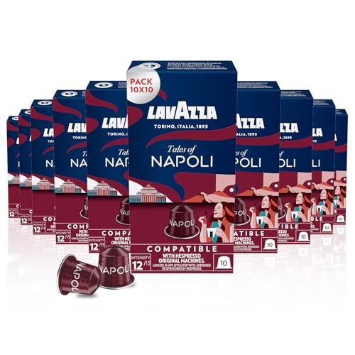 Lavazza, Tales of Napoli, 100 capsulas de cafe compatibles con maquinas Nespresso Original, con notas de cacao y caramelo, arabica y robusta, intensidad 12/13, tostado oscuro, 10 paquetes