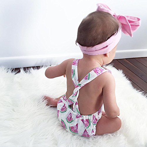 CANIS Baby Girls Watermelons Print Backless Ruffle Bodysuit With Headband (90(12-18M), Pink) - Thumbnail 2
